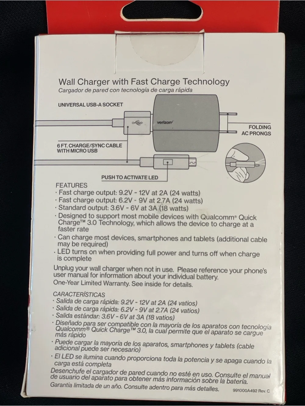 Verizon Black Wall Charger with Fast Charge Technology